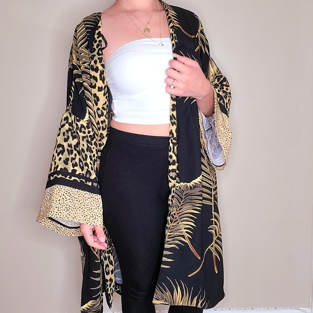 H&M black & gold long tropical oversized cardigan